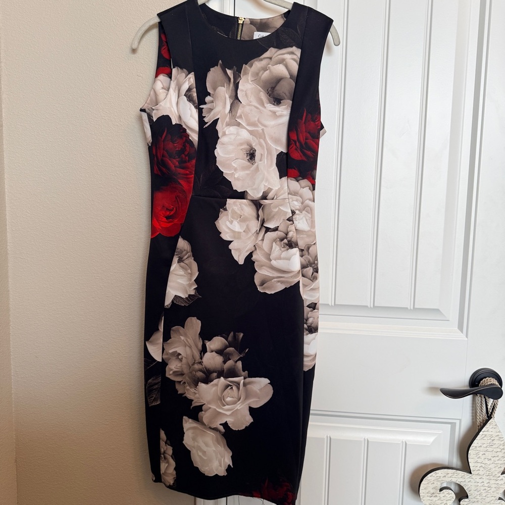 Calvin Klein Black, White, and Red Floral Dress Size 6